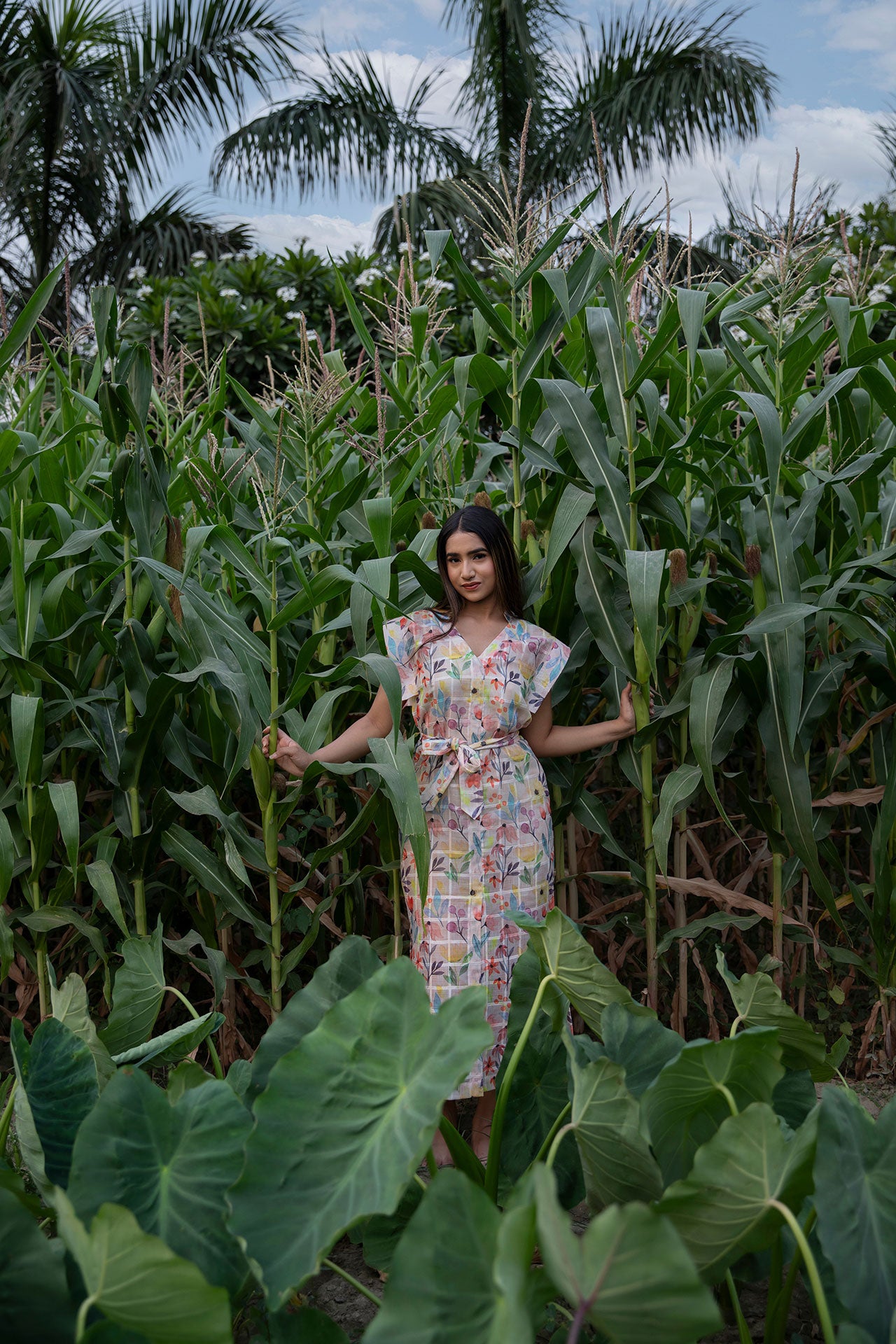 Floral Printed Linen Midi Dress