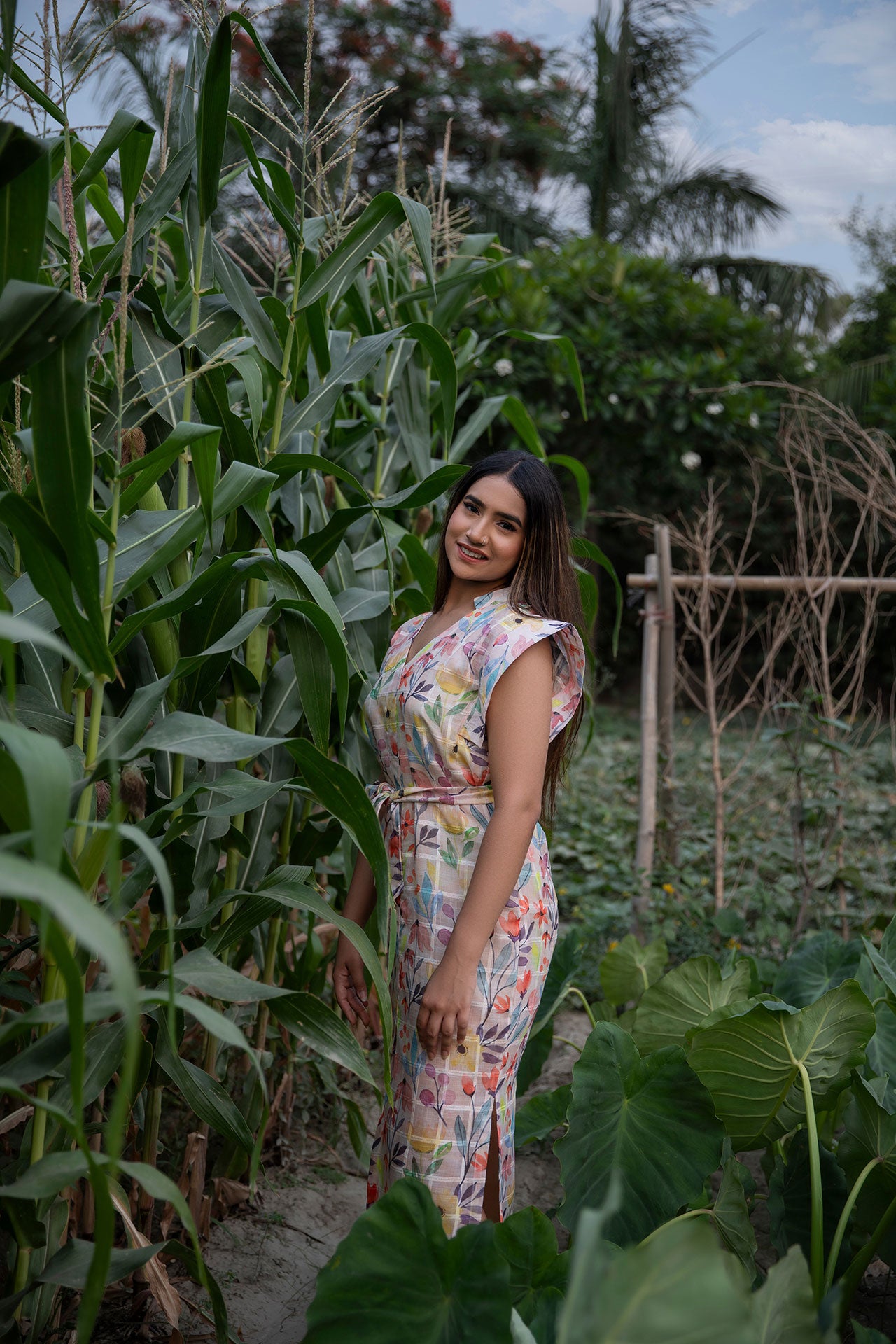 Floral Printed Linen Midi Dress