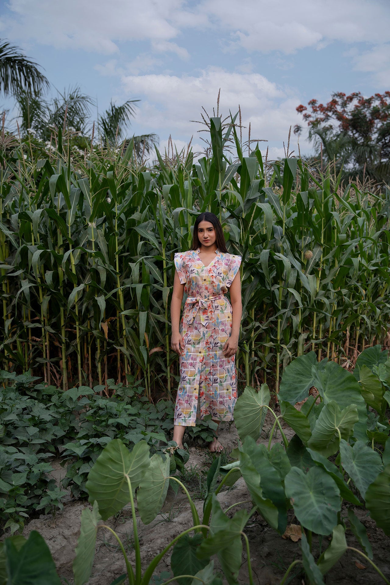 Floral Printed Linen Midi Dress