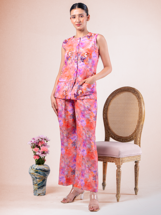 Watercolour Bloom Printed Linen Waistcoat Coord Set
