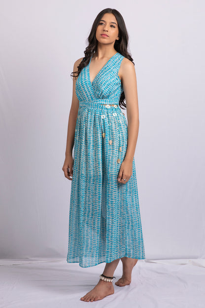 Blue lagoon Printed georgette tassels midi dress