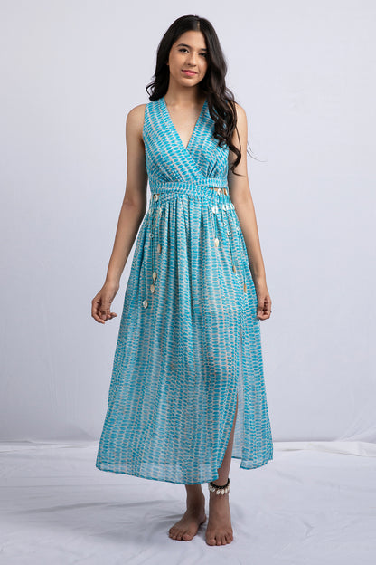 Blue lagoon Printed georgette tassels midi dress