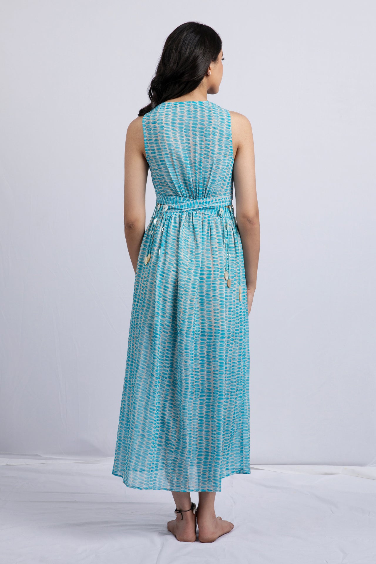 Blue lagoon Printed georgette tassels midi dress