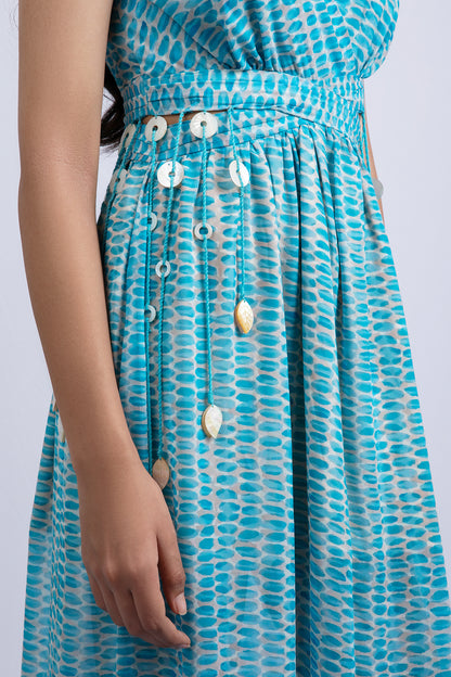 Blue lagoon Printed georgette tassels midi dress