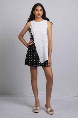 Checkers Color-block Short Dress- BLACK