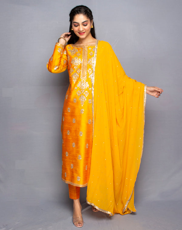 Pure Raw Silk Yellow Gota Patti suit set