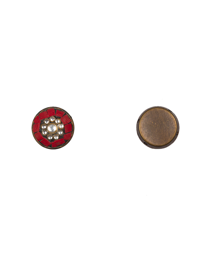 Designer Tibetan style round metal buttons with cut work embellishments-Maroon