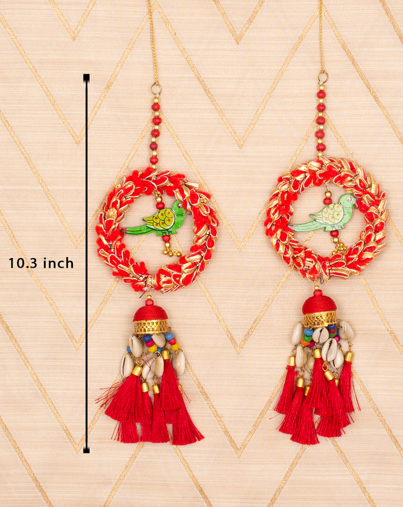 Hanging Designer tassel embellished in shells and parrot-Red