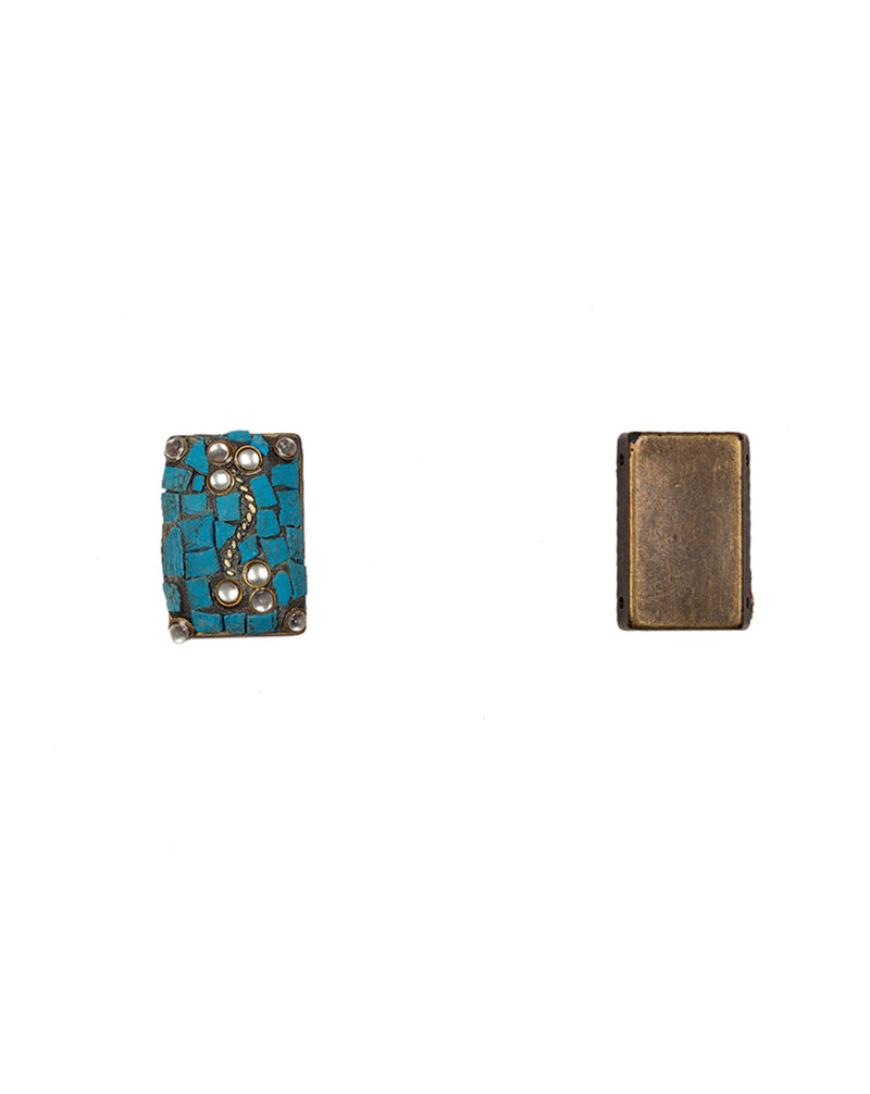 Designer Tibetan style metal rectangle buttons with cut work embellishments-Blue