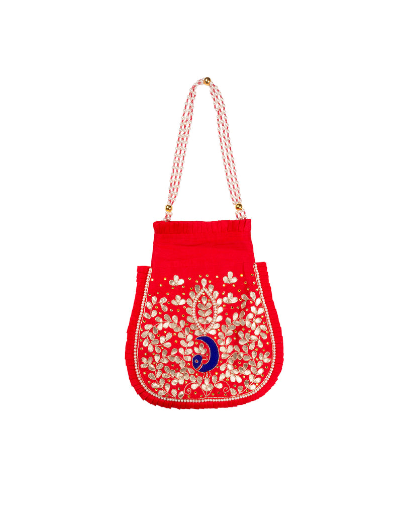 Hand Embroidered Peackock Potli -Red
