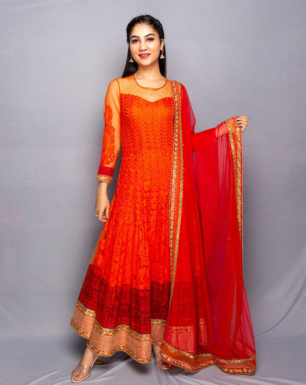 Orange Long Anarkali Suit in thread embroidery