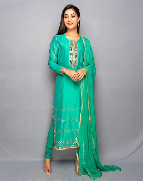 Green Mirror work Long Kurta with chiffon Dupatta