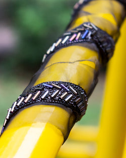 Black bugle beads criss cross embroidery lace