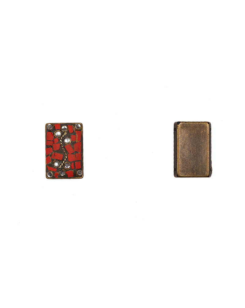 Designer Tibetan style metal rectangle buttons with cut work embellishments-Red