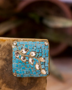 Designer square tibetan style metal buttons with stone embellishments-Light Blue