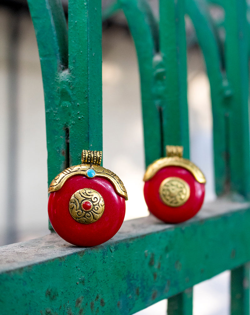 Big Round Designer metal button in resin with carved metal head and stone work-Red