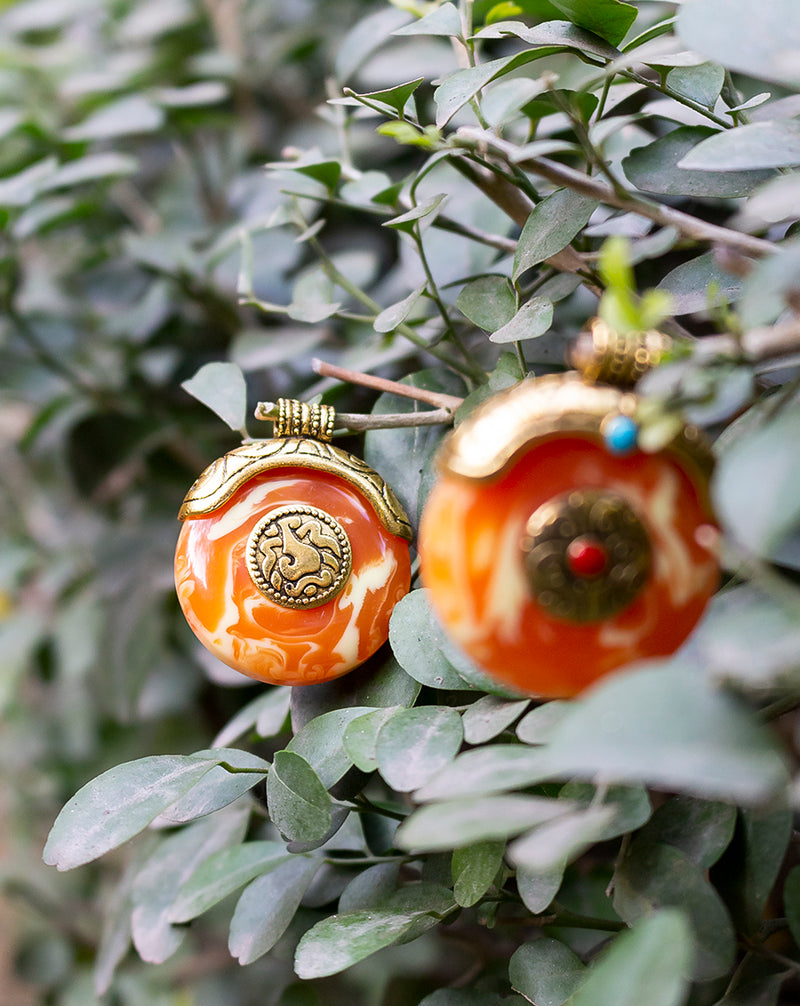 Big Round Designer metal button in resin with carved metal head and stone work-Orange
