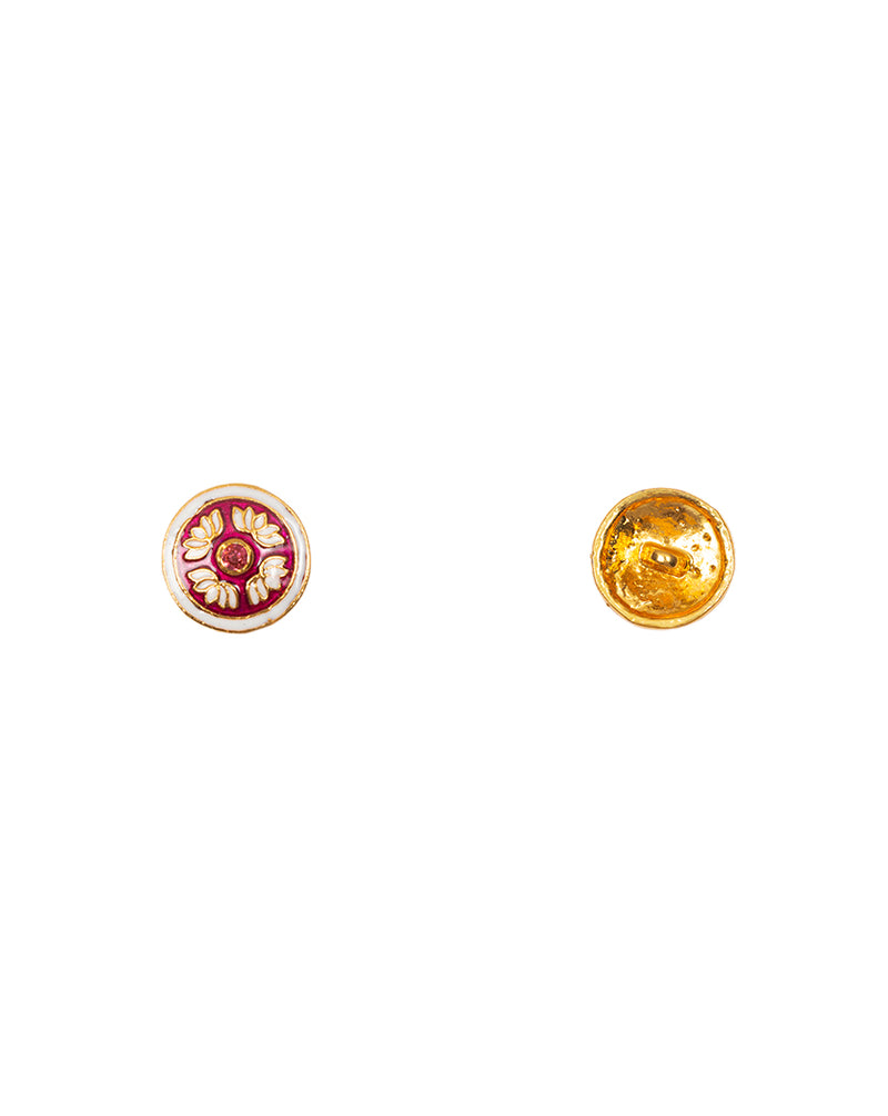 Designer metal button with kundan and embossed design-Red