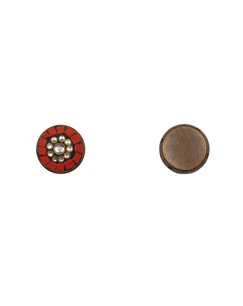 Designer Tibetan style round metal buttons with cut work embellishments-Red
