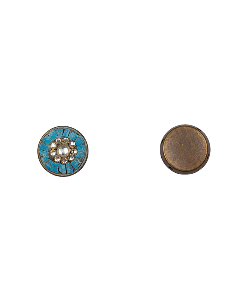 Designer Tibetan style round metal buttons with cut work embellishments-Blue