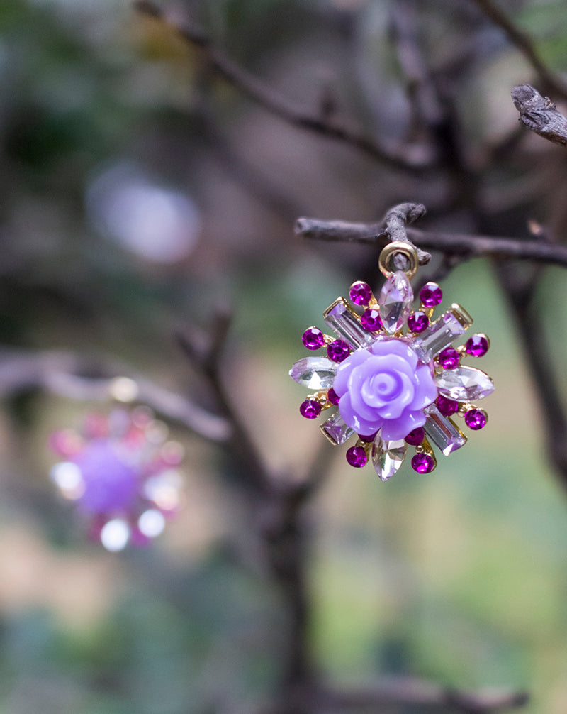 Designer metal button embellished rose flower insert-Purple