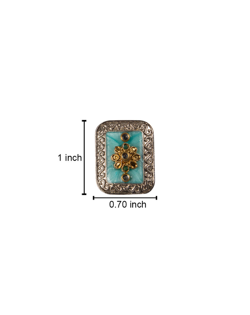 Square Metal Button with kundan inserts-Blue