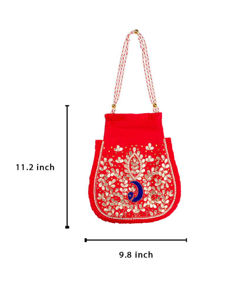 Hand Embroidered Peackock Potli -Red