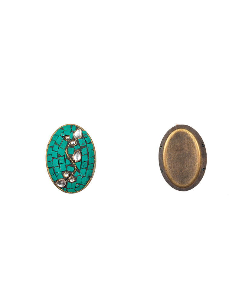 Designer oval tibetan style metal buttons with stone embellishments-Green