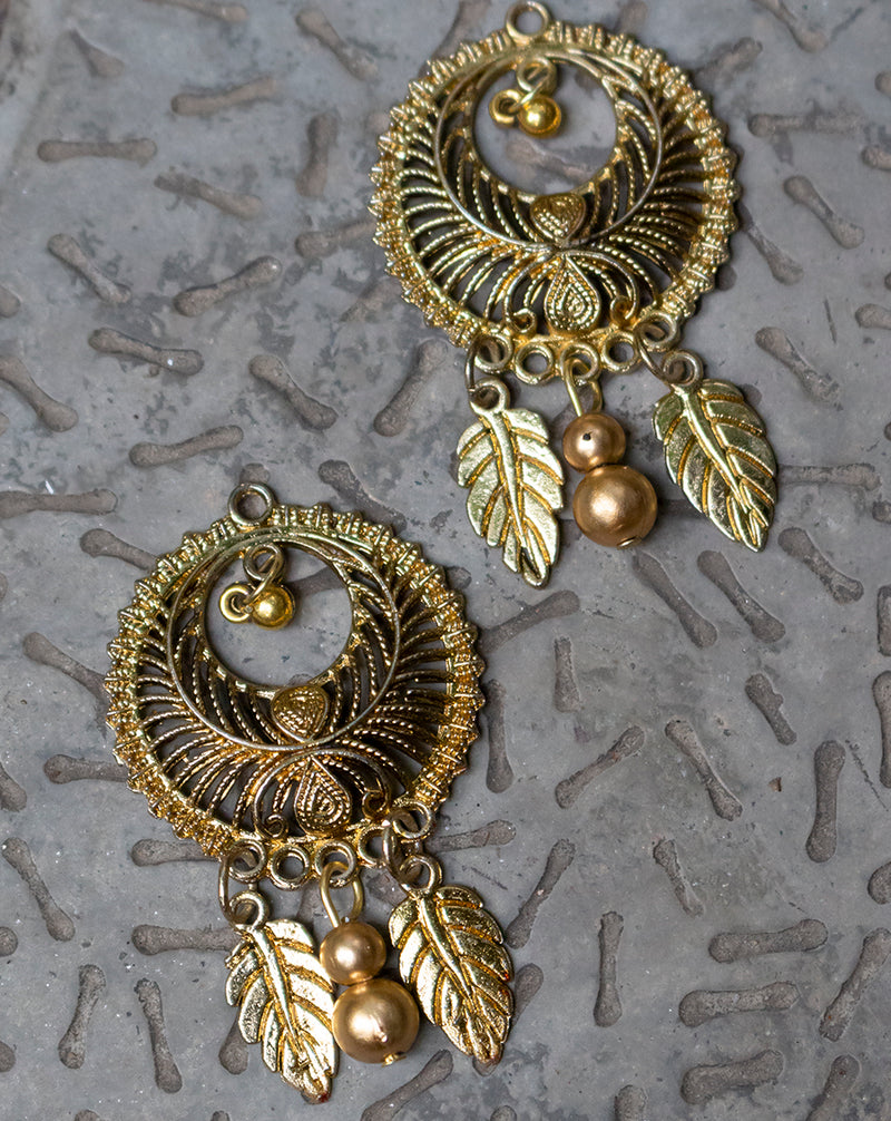 Designer Antique Jhumka with Beads Button-Golden
