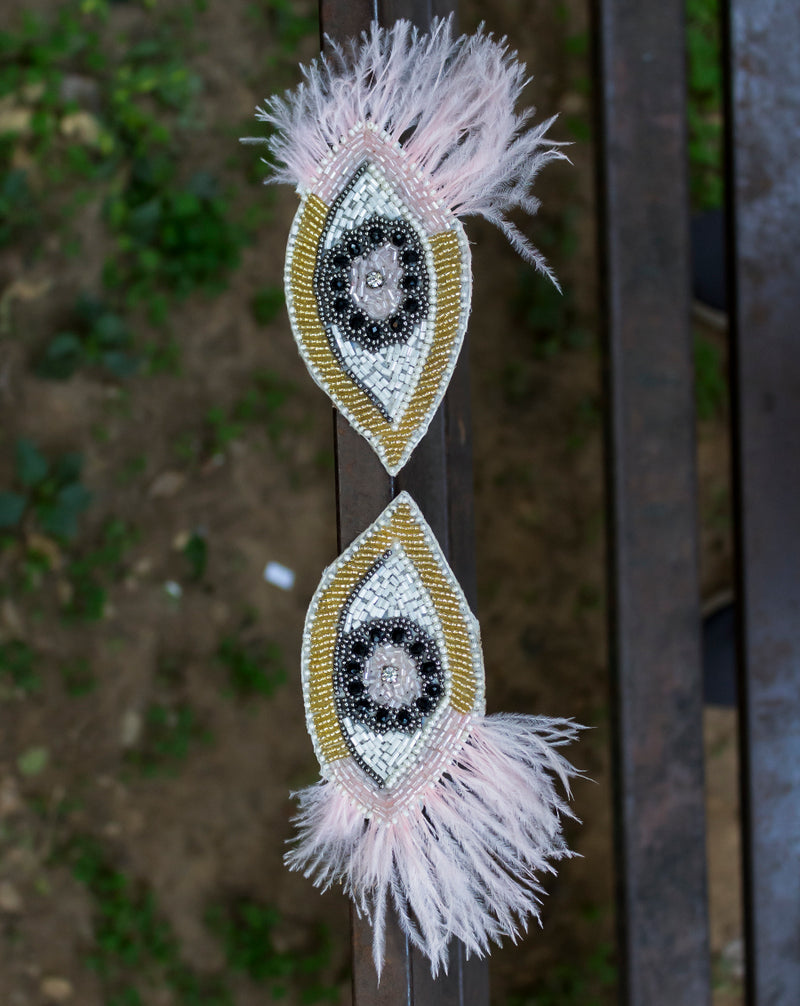 Handmade colorful eye patch with feather eyelash-Ivory
