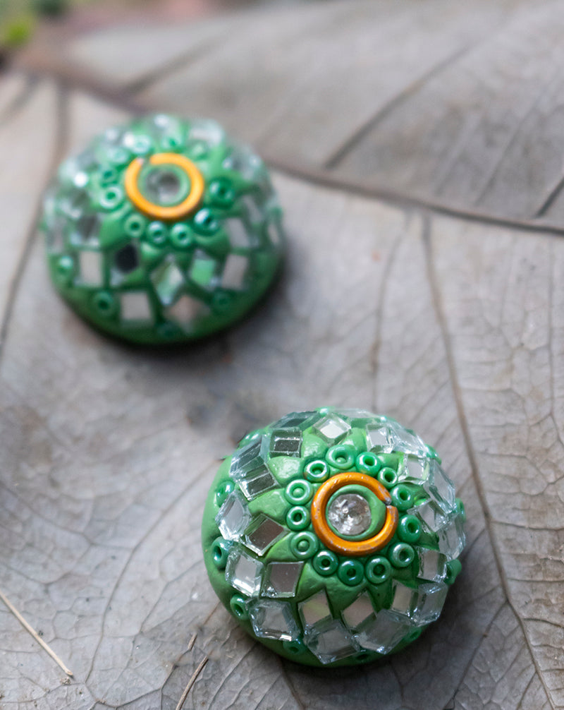 Designer handmade button embellished with mirrors-Green