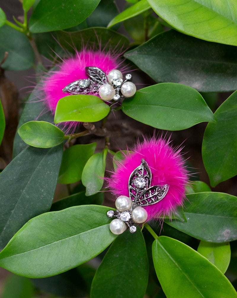 Handmade embroidery patch in fur and metal charm-Pink