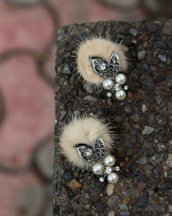 Handmade embroidery patch in fur and metal charm-Beige