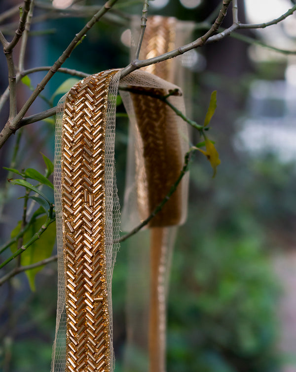 Designer double line bugle bead lace-Golden