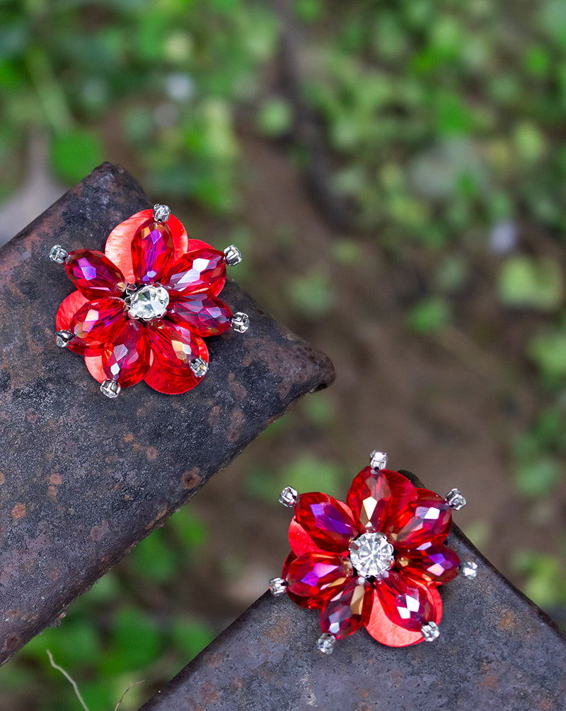 Handmade floral embroidery patch in crystals-Red