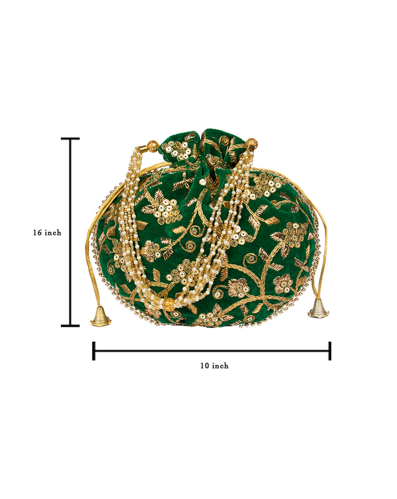 Green Handmade Embroidered Potli with Pearl hanging