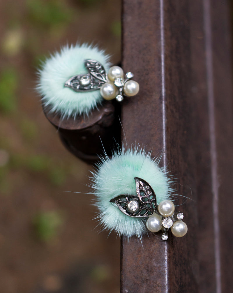 Handmade embroidery patch in fur and metal charm-Mint Green