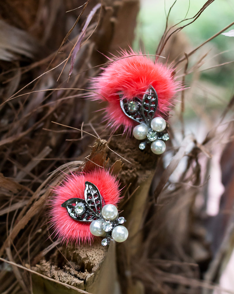 Handmade embroidery patch in fur and metal charm-Orange