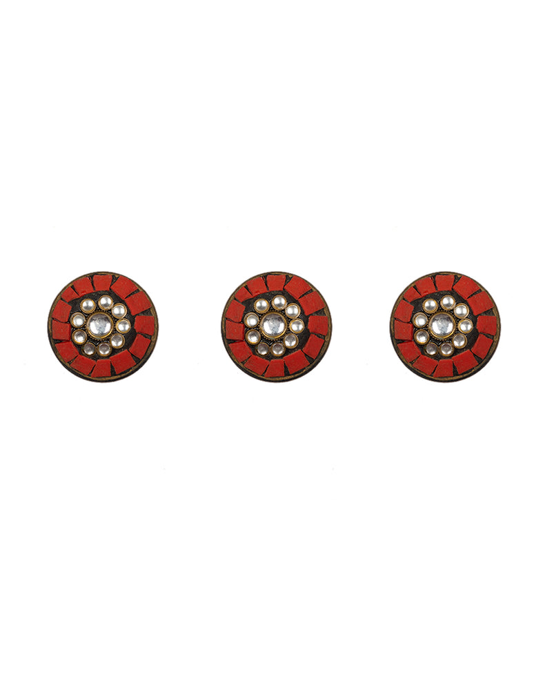 Designer Tibetan style round metal buttons with cut work embellishments-Red
