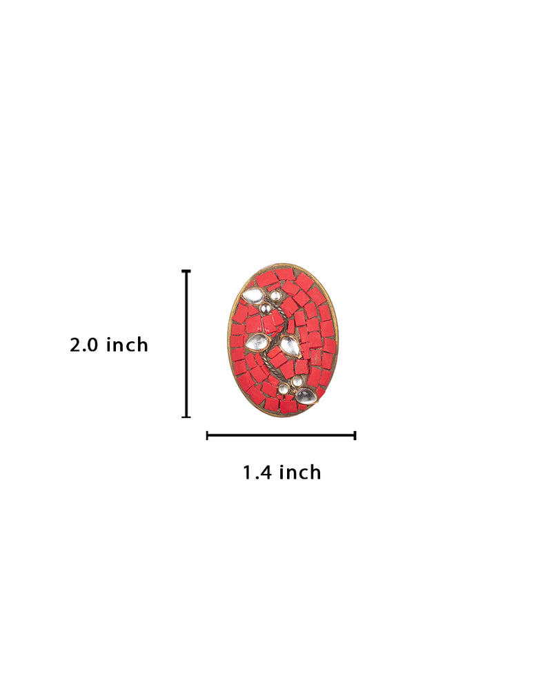 Designer oval tibetan style metal buttons with stone embellishments-Red