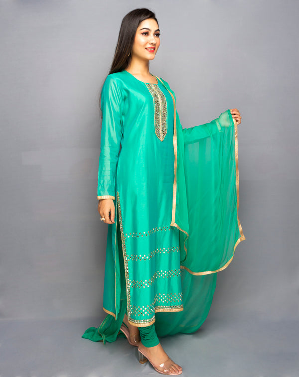 Green Mirror work Long Kurta with chiffon Dupatta