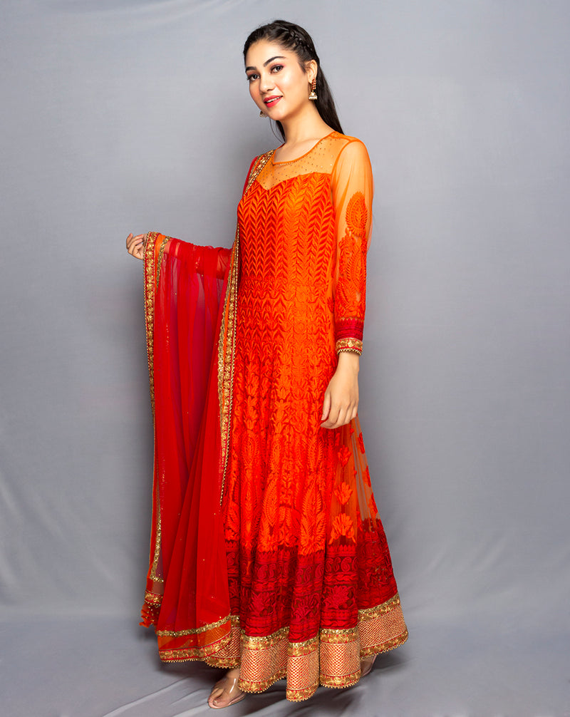 Orange Long Anarkali Suit in thread embroidery