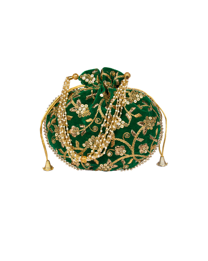 Green Handmade Embroidered Potli with Pearl hanging