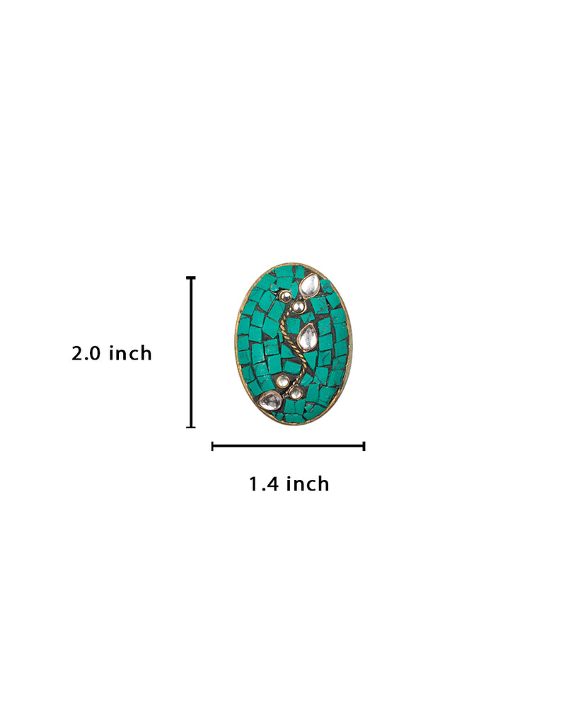 Designer oval tibetan style metal buttons with stone embellishments-Green