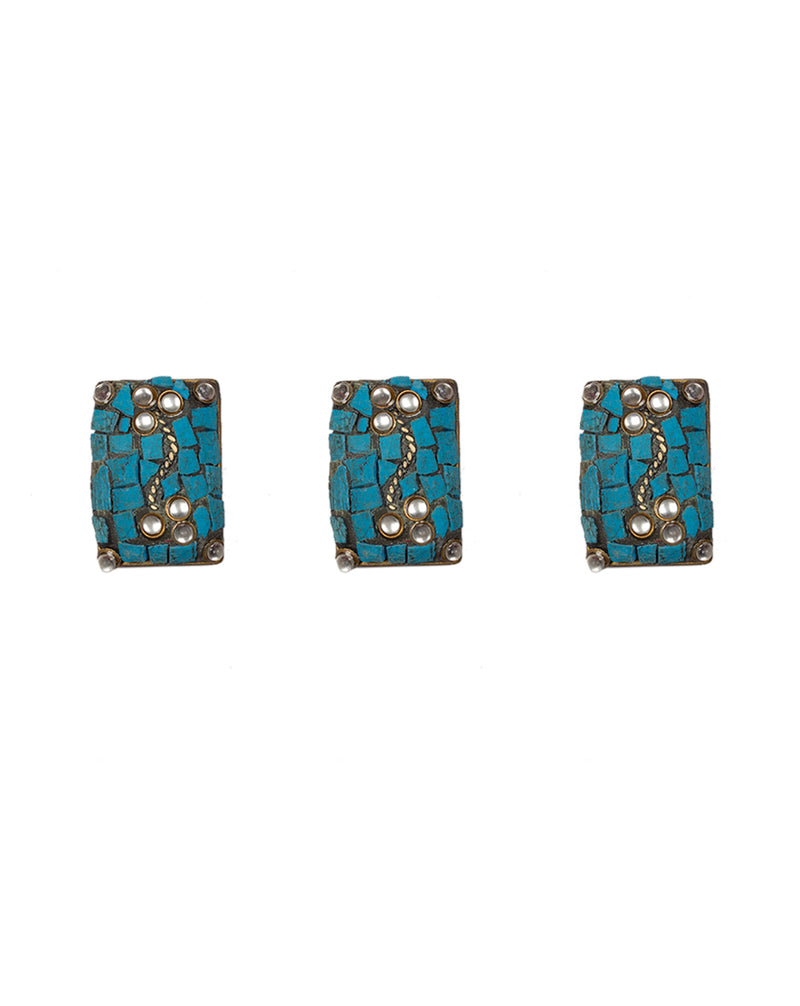 Designer Tibetan style metal rectangle buttons with cut work embellishments-Blue