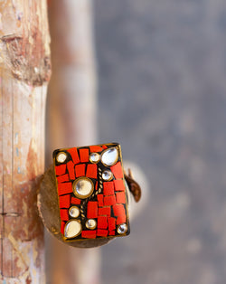 Designer Tibetan style metal buttons with stone and cutwork embellishments-Red