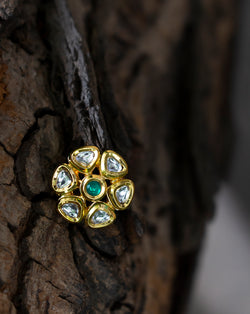 Designer kundan button in floral shape-Green