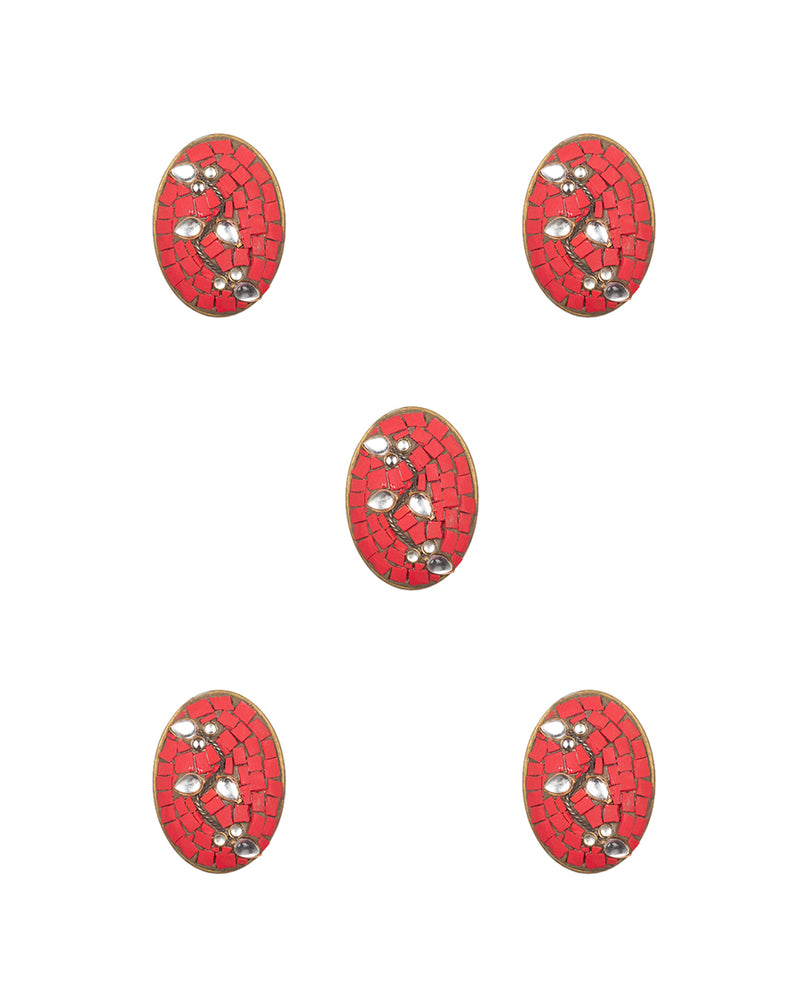 Designer oval tibetan style metal buttons with stone embellishments-Red
