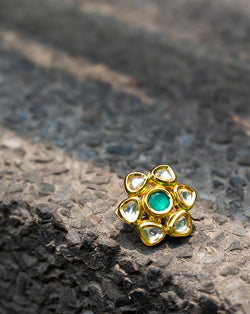 Designer kundan button in flower star shape-Green