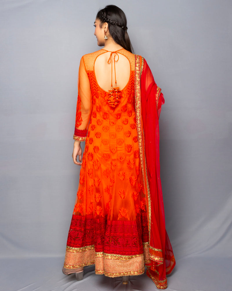 Orange Long Anarkali Suit in thread embroidery